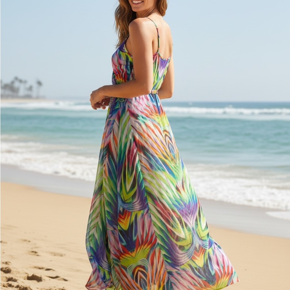 Colorful Tropical Maxi Dress Boho Flowing Summer Vacation Dress